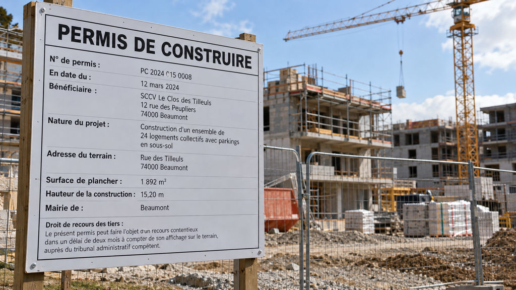 Panneau d’affichage d’un permis de construire sur un chantier