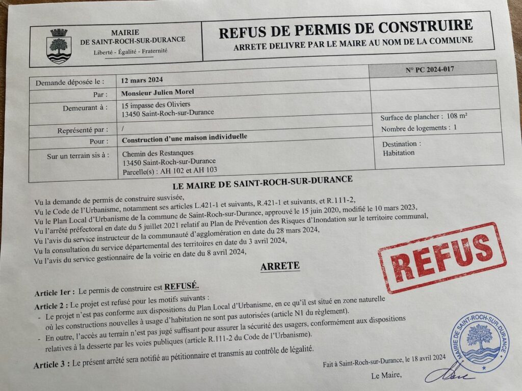 Arrêté de refus de permis de construire (document fictif)